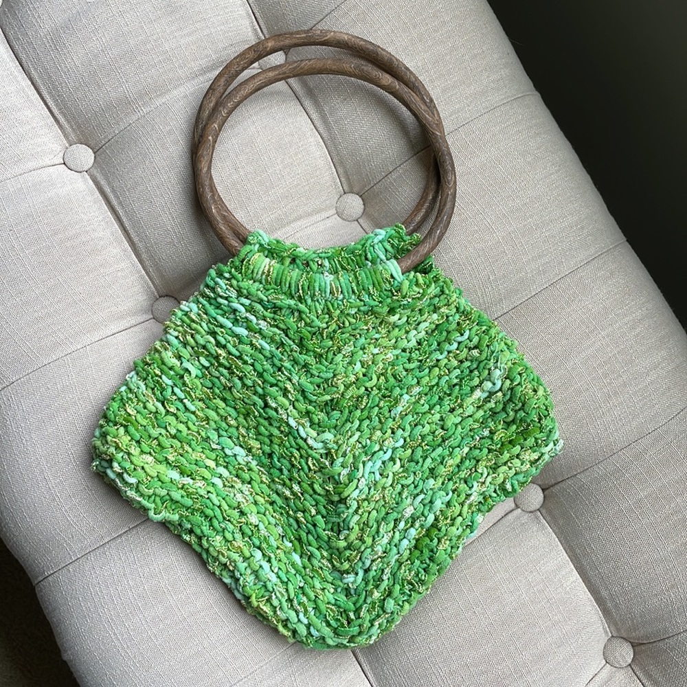 Crochet Lime Kelly Green Handbag with faux wood handles